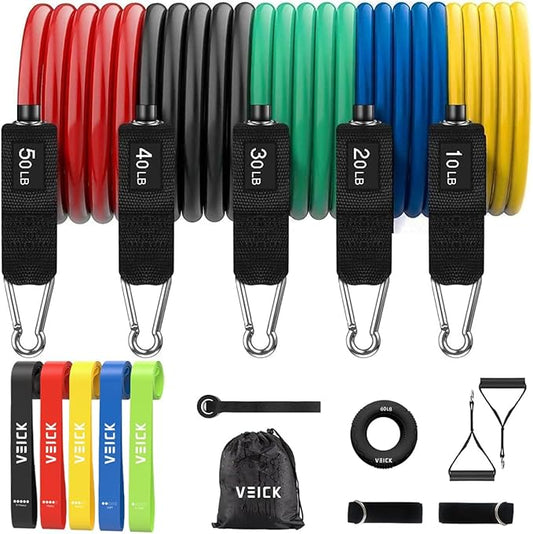 VEICK 10-150LBS Resistance Bands with Handles, Ankle Straps, Door Anchor | Accredited Lab Certified, 100% Natural Latex, Versatile for Yoga, Pilates, Strength, Home Gym
