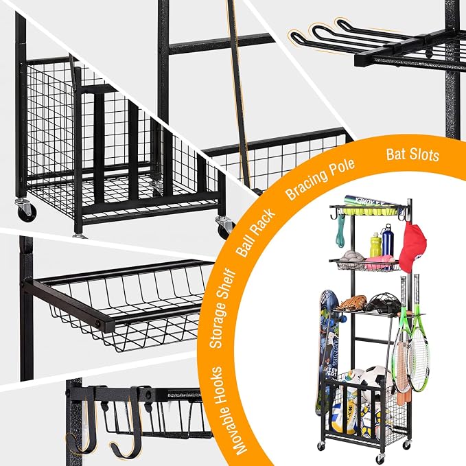 PLKOW Sports Equipment Storage for Garage, Indoor/Outdoor Sports Rack for Garage, Ball Storage Garage Organizer with Basket and Hooks,Toy/Sports Gear Storage
