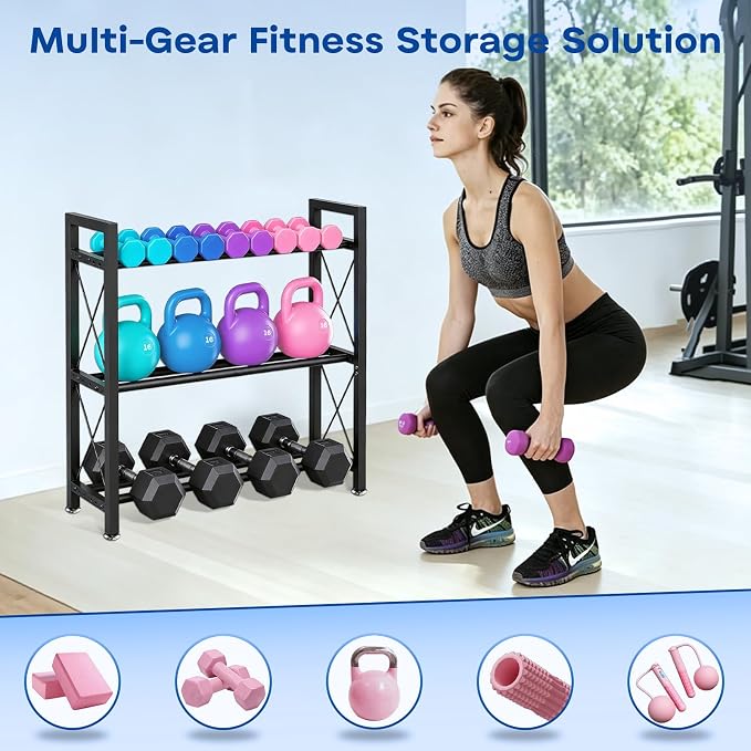 Dumbbell Rack Stand Only, 2 Tier | 3 Tier Adjustable Weight Rack | Thick Steel, Stable Compact H-Frame, Custom Bar Gap, Non-Slip Base, Waterproof Rustproof Coating, For Home Gym Garage Storage