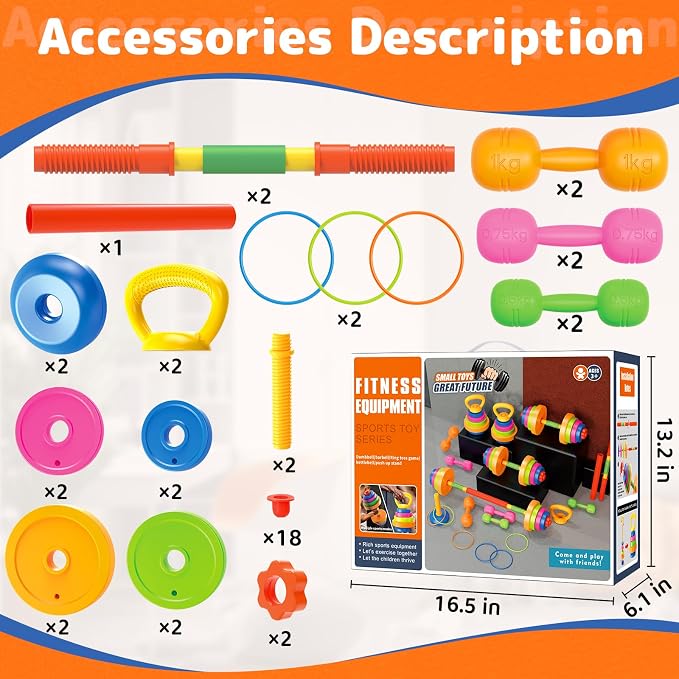 6-in-1 Kids Weight Set, Kid exercise equipment, Kids Workout Equipment Toys | Adjustable Kids Barbell, Dumbbell, Kettlebell, Push-Up ,Ring. Fitness Play Gym Toys Set Gift Small Weights for Kids Boy Girl