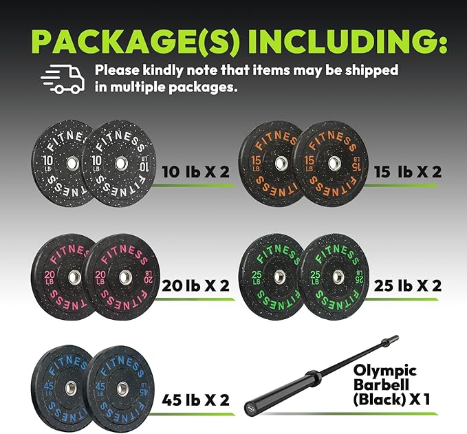 HANDBODE Olympic Barbell Set, 2-Inch Bumper Plates with Weight Plate Rack | Colored Crumb Rubber Weight Plates for Weight Lifting & Strength Training, 90–530 lb Set with 45 LB (20 kg) Olympic Barbell