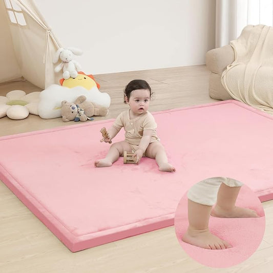 Large 79"x110" Baby Activity Play Mat for Floor,1.3" Thick Elasti Foam Cushion Mat for Tummy Time & Crawling,Non-Slip & Safe for Infants,Toddlers & Kids, for Living Room, Classroom & Playroom（Pink)