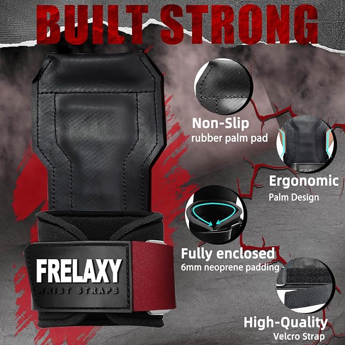 Frelaxy Lifting Wrist Straps, Rubber Weight Lifting Grips for Deadlifts | Non-slip rubber palm, Full palm protection, Neoprene wrist padding, Enhanced grip support, Pull ups rows lat pulldowns