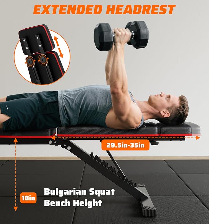 Foldable Adjustable Weight Bench with Leg Extension & Preacher Pad for Home Gym, Bench Press for Full Body Workout with Leg Developer, 900Lbs Capacity & Space-Saving Design
