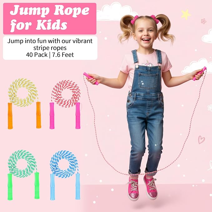 40 Pack Colorful Kids Jump Rope Set, 7.6ft Colorful Jump Rope for Kid Bulk Adjustable Length Stripe Skipping Ropes with Plastic Handles for Outdoor Exercise Sport Party Equipment