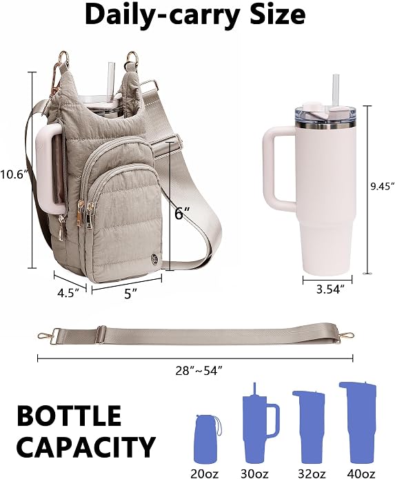 Water Bottle Holder with Strap 30/32 oz, Crossbody Water Bottle Carrier Bag | Lightweiht Quilted Bottle Sling Bag, RFID Phone Pocket, Hands-free for Gym Hiking Walking Travel