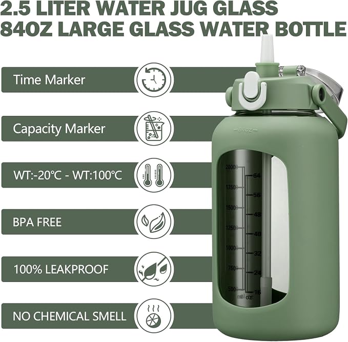 84oz Glass Water Bottle with Straw, 2.5 Liter Large Water Bottle with Silicone Sleeve and OZ Marker, Wide Mouth Gallon Glass Bottle with 2-in-1 Lid, Leakproof Water Jug for Gym Home, Olive