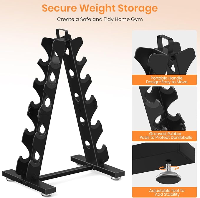 TomCare 6-Tier|5-Tier|4-Tier|2-Tier Dumbbell Rack Stand Only for Home Gym | Stable A-Frame, Fits 5–35 lb Dumbbells, Protective Padded Cradles, Adjustable Feet, Easy-Carry Handle (Stand Only)