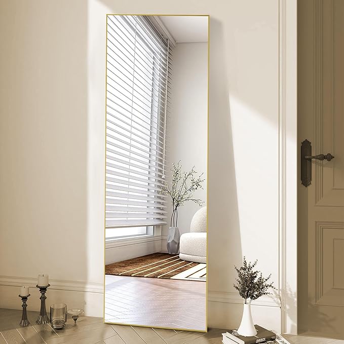 OLIXIS Full Length Mirror, 56"x21" Full Body Mirror | Aluminum Alloy Thin Frame, Stand, Floor Standing, Hanging or Leaning, Living Room, Bedroom, Gold
