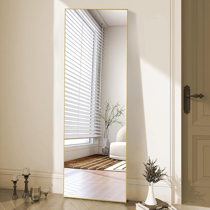 OLIXIS Full Length Mirror with Stand, Full Body Mirror, 58x19 | Hanging or Leaning Wall, Aluminum Alloy Thin Frame, Floor Living Room Bedroom, Long, Gold