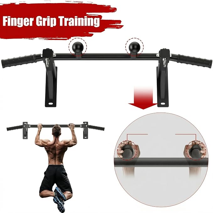 Upgrade Wall Mount Pull Up Bar, Heavy Duty Steel PullUp Bar Fits 24'' Wood Studs, Multi Grip Pull Up Bar with Ball Finger & Round Rings, for Home Gym Garage Basement Strength Training Chin Up Bar