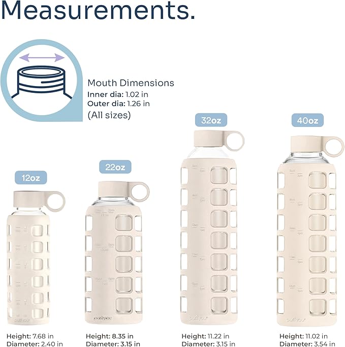 purifyou 40oz / 32oz / 22oz / 12oz Borosilicate Glass Water Bottle with Time & Volume Markers, Silicone Sleeve, Stainless Steel Lid | Reusable Glass Bottle for Water & Juice (32oz Pearled Ivory)