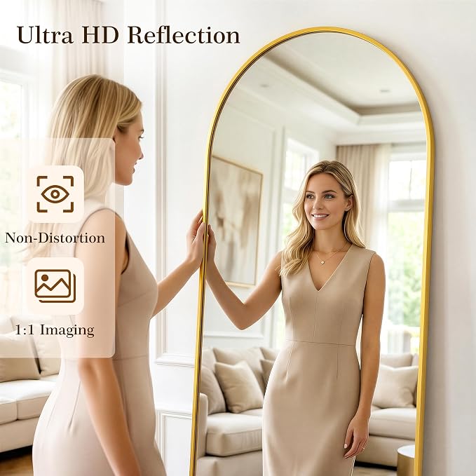 71"x32" Arched Full Length Mirror with Stand, Free Standing Leaning Wall Mounted Aluminum Alloy Frame Mirror for Bedroom Living Room Cloakroom, Gold