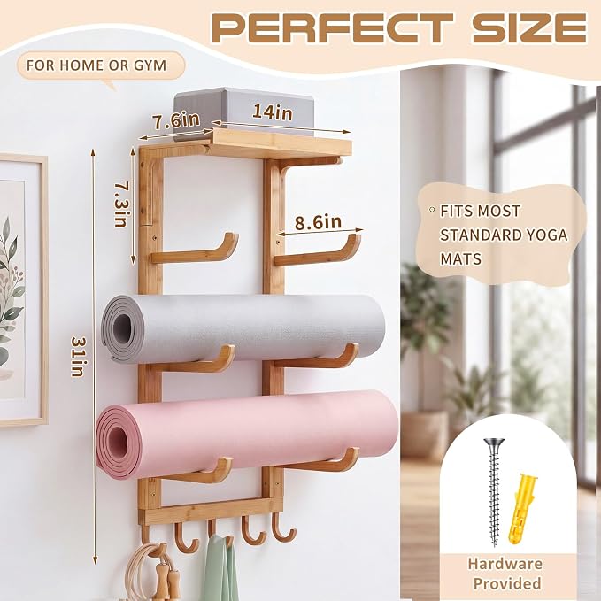 Geelin 4 Tier Wooden Yoga Mat Holder Wall Mount, Yoga Mat Storage Rack, Home Gym Equipment Organizer, Floating Shelf & 5 Hooks for Hanging Foam Roller/Band/Workout Equipment at Pilates Fitness Class