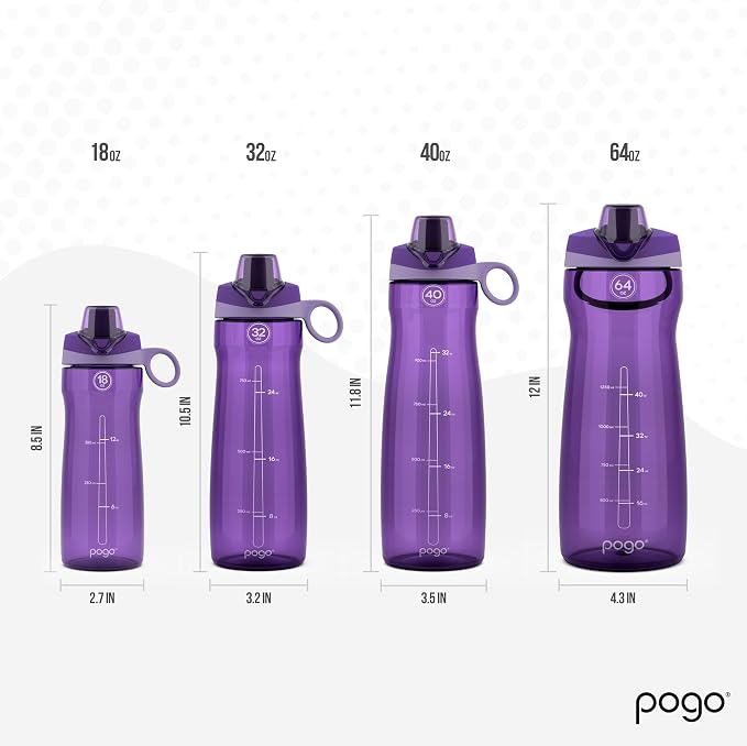 Pogo 64oz Plastic Water Bottle with Chug Lid and Carry Loop, Purple | Leakproof water bottle with chug lid and capacity markings. BPA-free, great for travel, school, outdoors, and gym.