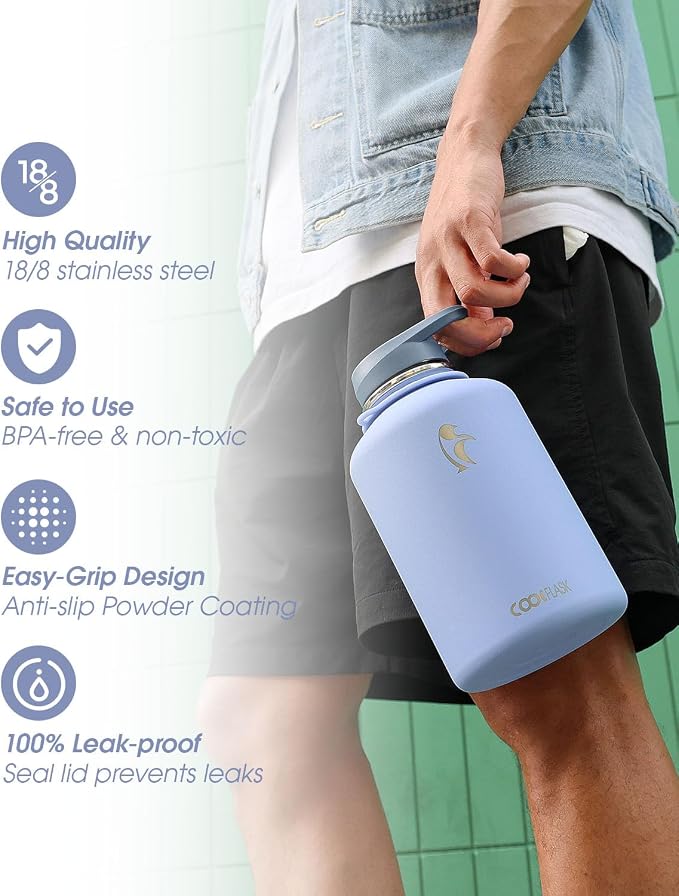 Coolflask Half Gallon Water Bottle Insulated Stainless Steel with Strap | 64 oz Large Water Jug with Straw & Spout Lids,Triple-Wall, Cold 48+h,Dishwasher Safe, Leakproof, BPA-Free,for Gym & Hiking