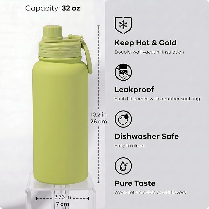 Green Insulated 32 oz Metal Leakproof Water Bottle | Mens Stainless Steel Water Flask, Large Sports Travel Water Bottle for Gym,Hiking,1 liters Thermal Bottle with 2 Lids