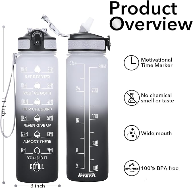 Hyeta Water Bottle with Straw & Time Marker, Plastic 32oz Leakproof | Motivational Tritan BPA Free Gym Office Outdoor Intake Tracker Hourly Reminder Straw Lid Carry Strap