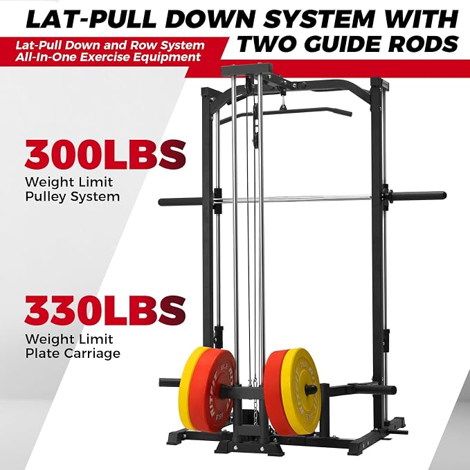 RitFit Smith Machine Power Rack with LAT-Pull Down System | Half Smith Machine with Landmine, Barbell Bar, Plate Storage Pegs and More Training Attachment