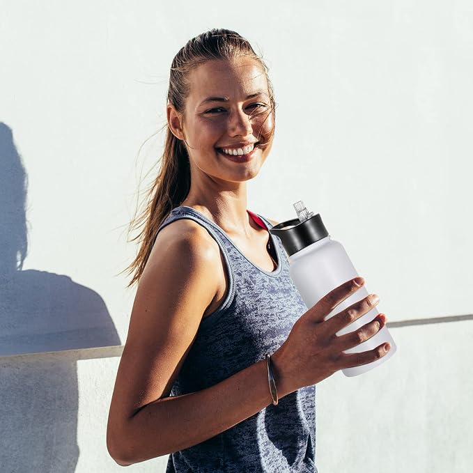 32 oz Insulated Water Bottle Bulk 4 Pack, Stainless Steel Sports Water Bottles with Straw Lid & Wide Mouth Lids, Double Walled Vacuum, Leak Proof, White