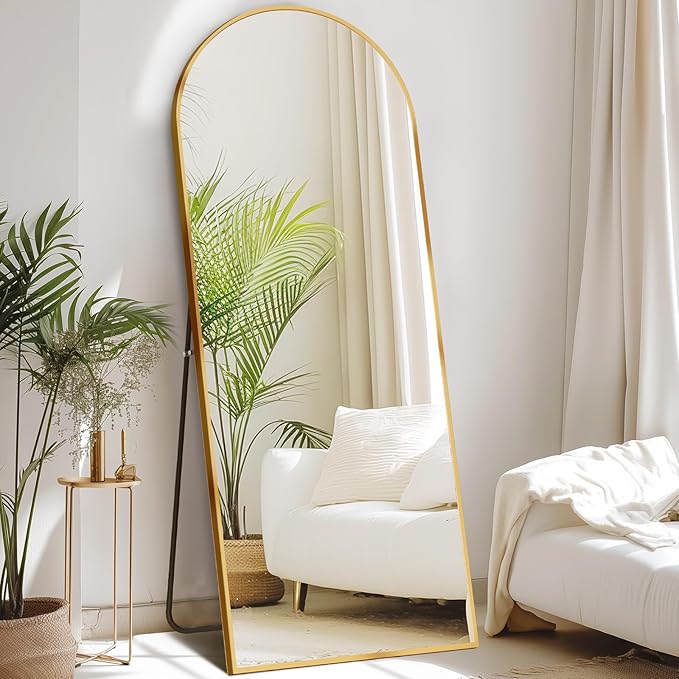DUMOS 64"x21" Arched Full Length Floor Mirror, Full Body Mirror, Gold | Shatterproof Tempered Glass, Modern Aluminum Alloy Frame, Free Standing or Leaning for Home Decor
