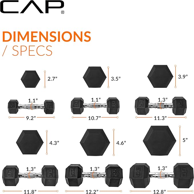 CAP Rubber Coated Hex Dumbbell Set with Storage Rack | 100–210 lb Options, Space-Saving Vertical Compact Storage for Home Gym Strength Training
