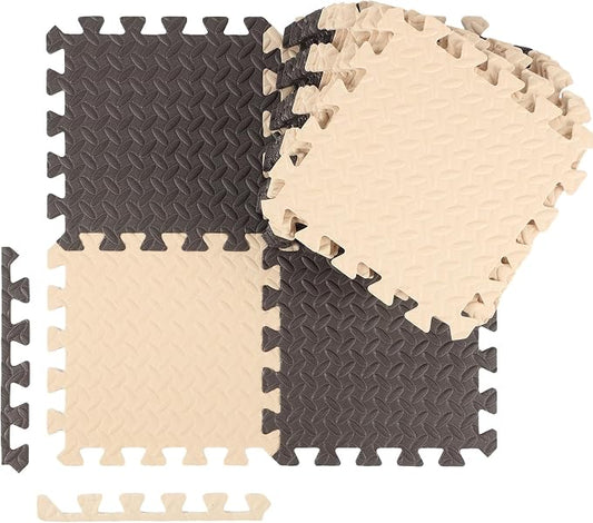 Ecally 100 Pcs 12 x 12 Gym Mat Foam Floor Mats for Home Gym Covers 96 Sq Ft Puzzle Exercise Square Interlocking Carpet Tiles with Border for Workouts Equipment Yoga Pilates (Beige,Brown)