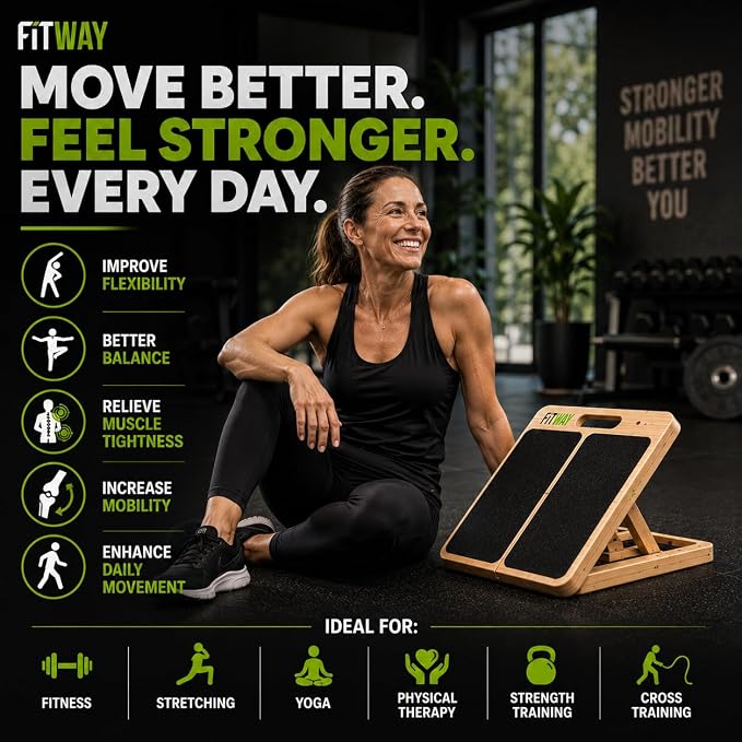 Adjustable Wooden Slant Board, 5-Level Calf Stretcher for Mobility & Rehab | Non-slip velour surface, 5-level incline, 5 resistance bands. Foldable, portable for home gym, physical therapy & rehab use.