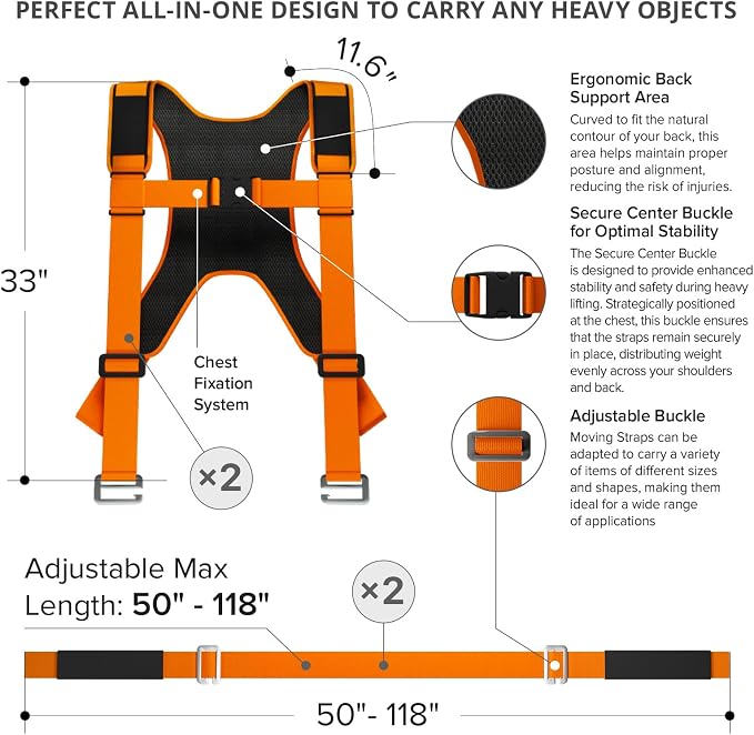 X-Protector Moving Straps - 2 Pairs - Orange Lifting Straps for 2 Movers | Move Furniture Easily and Safely - Perfect for Lifting and Moving Heavy Objects! (with Back Support, Orange)