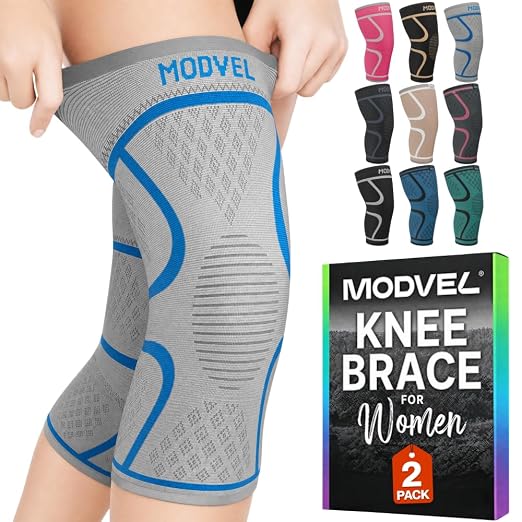 Modvel 2 Pack Knee Brace for Women - Knee Support for Walking, Knee Compression Sleeves for Pain Relief, Knee Sleeves for Women, Knee Brace for Sports, Workouts & Arthritis
