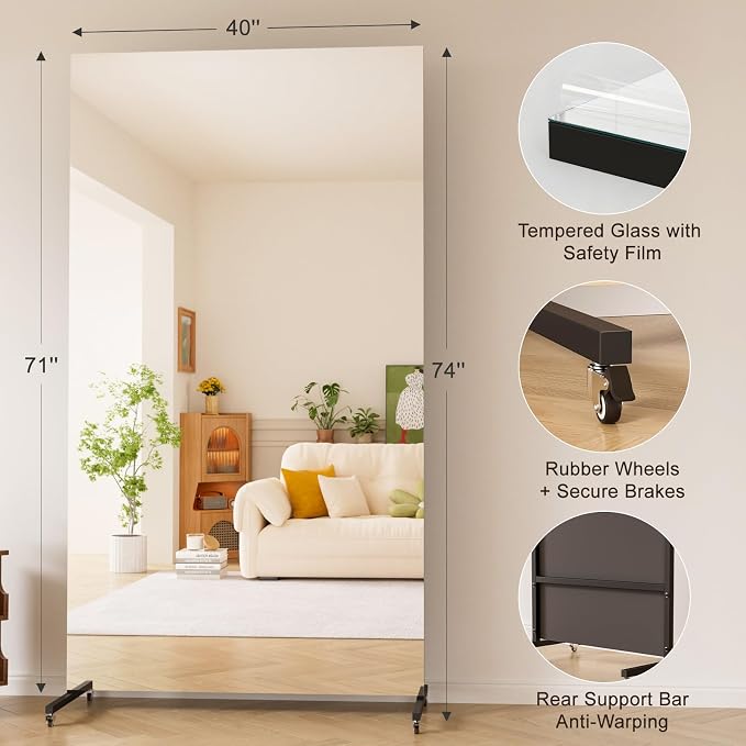 brisafe 71" x 40" Full Length Floor Mirror, Lockable Wheels for Easy Moving & No Wobble, Shatter‑Resistant Glass for Worry‑Free Practice, Ideal for Home Dance, Yoga & Gym, Black Metal Frame