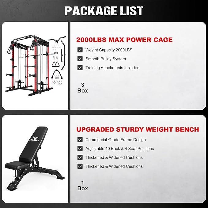 JELENS M21 Smith Machine, Multi-Function Power Cage with Dual Pulley Cable Crossover System, 2000LBS All-in-One Squat Rack with Smith Bar and Attachments for Home Gym