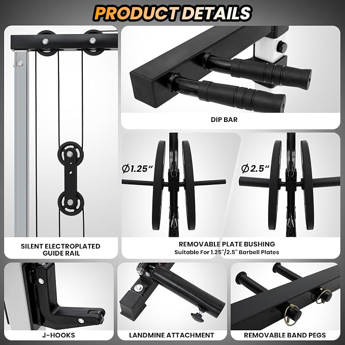 GarveeLife Power Cage, Multi-Function Squat Rack with LAT Pulldown, 1600 LBS Weight Capacity Fitness Power Rack with Cable Pulley System and j-Hooks, Dip Bars and Landmine Attachment for Home Gym