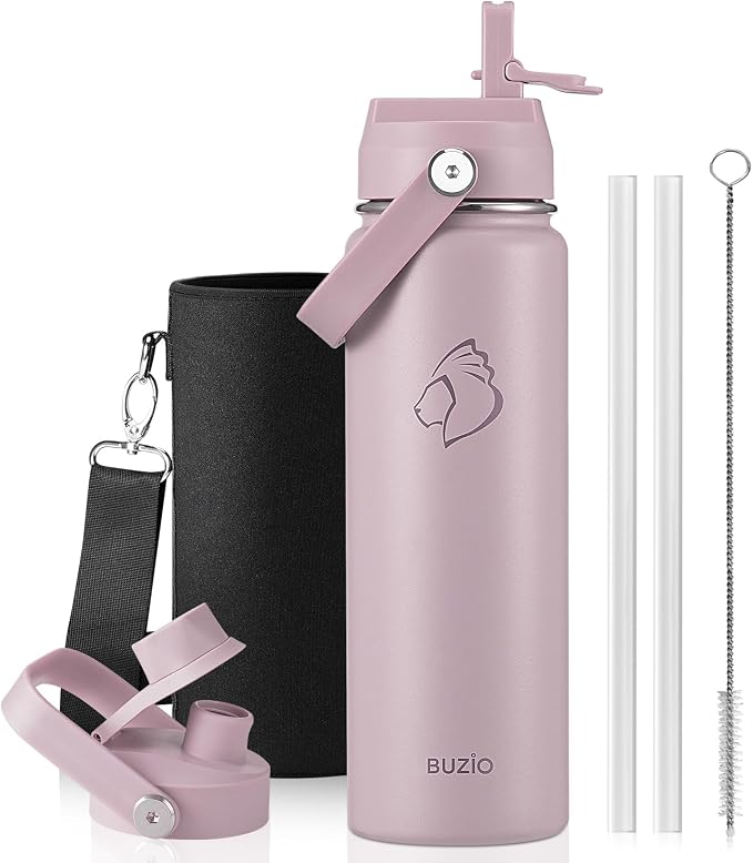 BUZIO 24 oz Insulated Stainless Steel Water Bottle with Straw & Spout Lids | Triple Wall Insulated Tumbler (Dishwasher Safe) ,Cold for 48 Hrs, Wide Mouth, Leakproof, BPA-free, for Sports, Gym, School