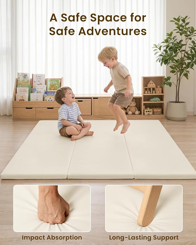 SEPARO Foldable Baby Play Mat,Vegan Leather 47x47 Baby Mat for Floor,Beige | Trifold Waterproof Playmat for Babies,Soft Foam Tumbling Mat,Wipe-Clean&Non-Slip Outdoor Mats,Playmate for Baby Tummy Time