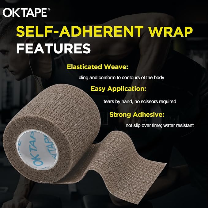 OK TAPE 12 Rolls Self Adhesive Bandage Wrap, Cohesive Elastic Athletic Tape | Vet Wrap, Sports Tape, Medical Wrap for Wrist, Feet, Self Stick Bandage Tape, 2" x 5 Yards - Brown