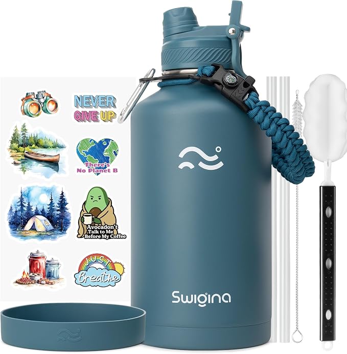 Swigina 64 oz Insulated Water Bottle with Silicone Boot (48hrs Cold/24hrs Hot) - DIY Stickers, Leakproof, BPA Free, Half Gallon [2-IN-1 LID