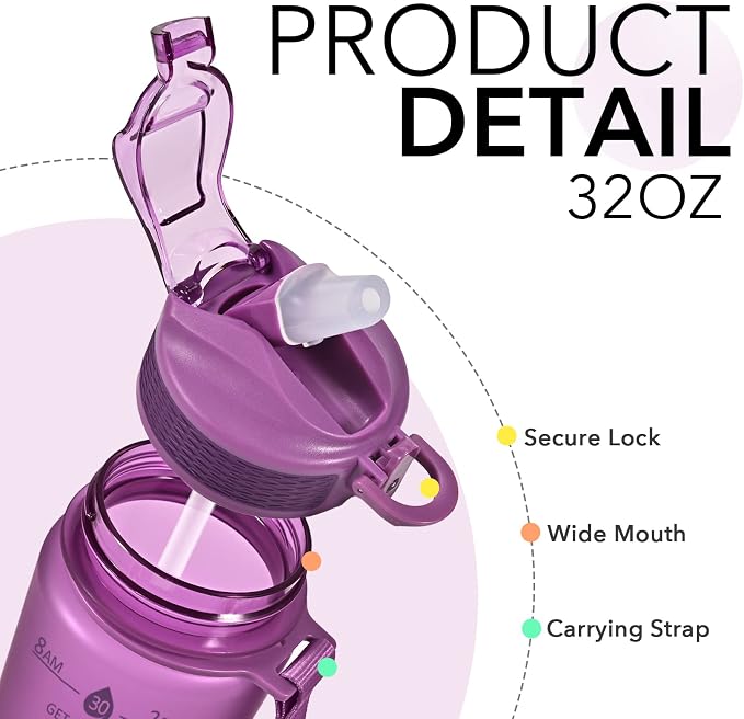 Hyeta Plastic Water Bottle With Straw & Time Marker, 32oz Leakproof Jug | Motivational Tritan BPA Free Gym Office Outdoor Intake Tracker Hourly Reminder Straw Lid Lightweight