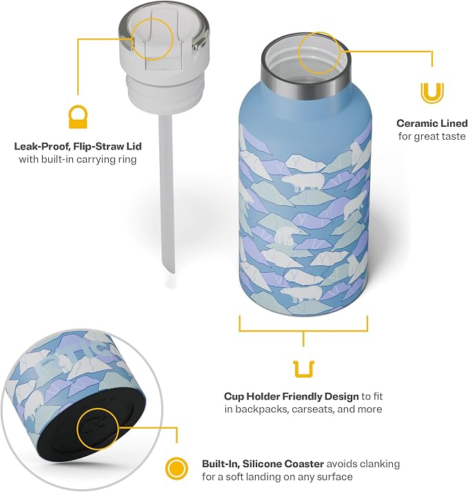 RTIC Little Journey Water Bottle with Straw, Ceramic Lined, Polar Ice | Stainless Steel Metal, Insulated for Hot and Cold Drinks, Sports, Travel and Camping