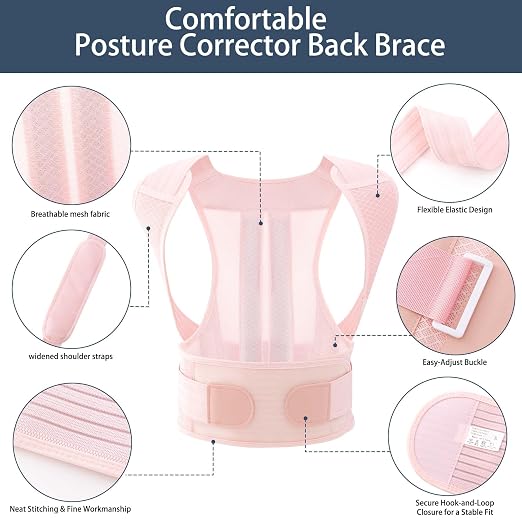 Posture Corrector for Women and Men Full Back Support Brace Adjustable Breathable Full Back Shoulder Straightener for Scoliosis (Pink, Large)