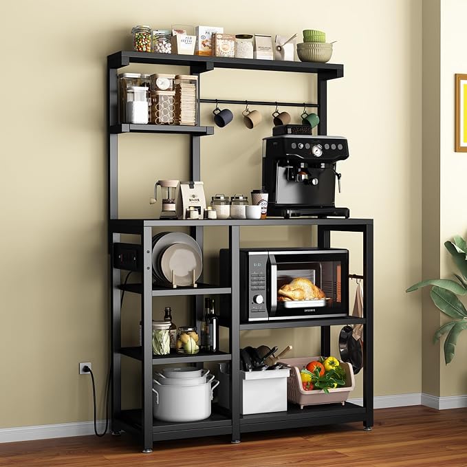 Bakers Rack with Power Outlet, 8-Tier Microwave Cart, Coffee Bar w/ 6 Hooks | 8-Tier Bakers Rack with Power Outlet, Coffee Bar Station & Microwave Cart, Metal Kitchen Storage Shelf with Wheels