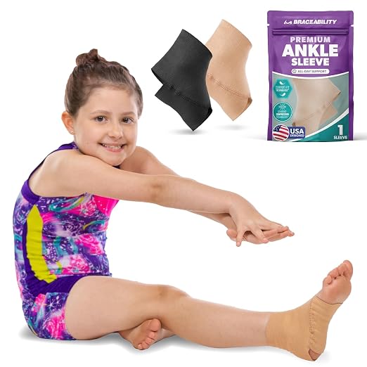 BraceAbility Kids Ankle Compression Sleeve, Youth Ankle Support Brace for Gymnastics, Dance, Cheer, Sprained Ankle Swelling, Ankle Wrap for Kids, Boys and Girls (Small - Beige)