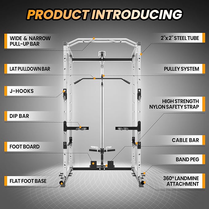 GarveeLife Power Cage, Multi-Function Squat Rack with LAT Pulldown, 1600 LBS Weight Capacity Fitness Power Rack with Cable Pulley System and j-Hooks, Dip Bars and Landmine Attachment for Home Gym