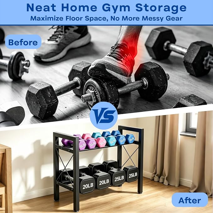 Dumbbell Rack Stand Only, 2 Tier | 3 Tier Adjustable Weight Rack | Thick Steel, Stable Compact H-Frame, Custom Bar Gap, Non-Slip Base, Waterproof Rustproof Coating, For Home Gym Garage Storage