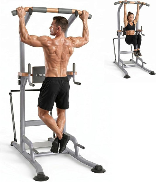 Multi-Function Power Tower Pull Up Bar Station with Pilates Resistance Bands, 450LBS Stable Pull Up Dip Station with Push Up Handles for Home Gym Strength Training Equipment