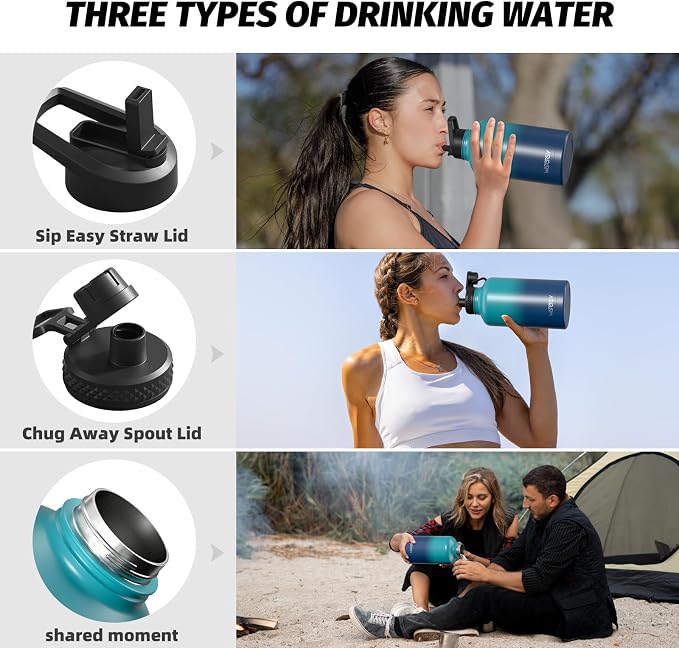 64oz Insulated Water Bottle (Cold for 48 Hrs),BPA Free&Leak Proof,Half Gallon Stainless Steel Water Flask,Water Jug with Straw Spout Lids for Gym,Hiking,Camping,Gradient Blue