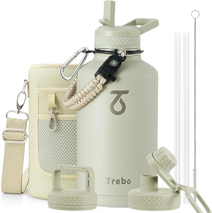 Trebo 64 oz Water Bottle Stainless Steel with 3 Lids, Paracord Handle & Bag | Half Gallon Large Insulated Jug, Triple Wall Vacuum Copper Plated, Dishwasher Safe, Cold 48Hrs for Outdoor, Hiking, Gym