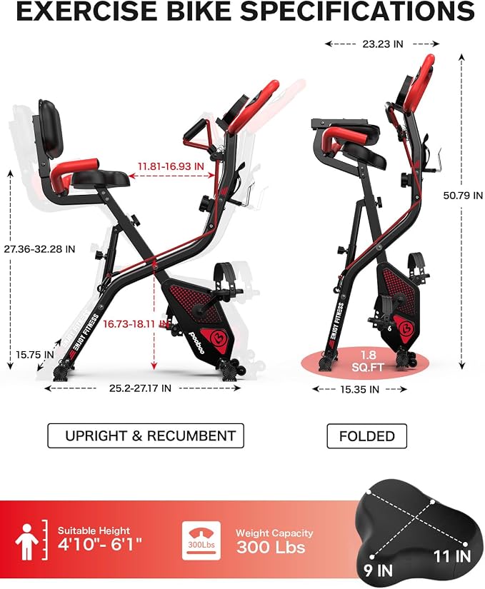 pooboo Folding Exercise Bike, Foldable Upright Stationary Bike, Indoor Cycling Magnetic X-Bike with 8-Level Adjustable Resistance, 6.6 LBS Flywheel, 300LB Capacity, Back Support Cushion for Home Gym