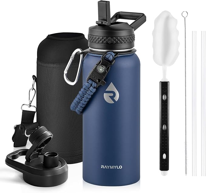 RAYMYLO Insulated Water Bottle 32 oz, Triple Wall Vacuum Stainless Steel | (Cold for 24Hrs, Hot for 12Hrs), Leak Proof & Non-BPA, Modern Water Flask Jug with Paracord Handle & Straw Spout Lids