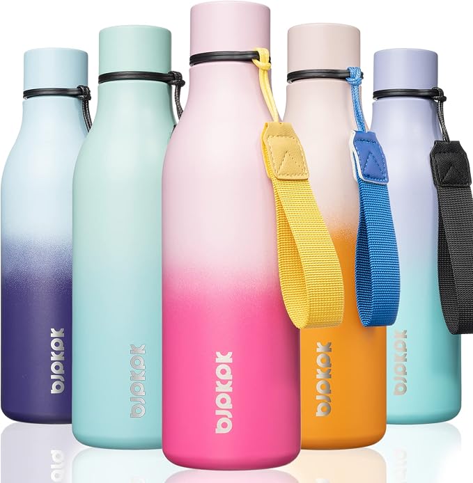 BJPKPK 18oz Insulated Water Bottle, Stainless Steel Bottle with Carry Strap | Keep Cold & Hot Vacuum Insulation, Leak-Proof BPA-Free Design, Slim Bottle Fits Most Cup Holders for Gym, Office & Travel